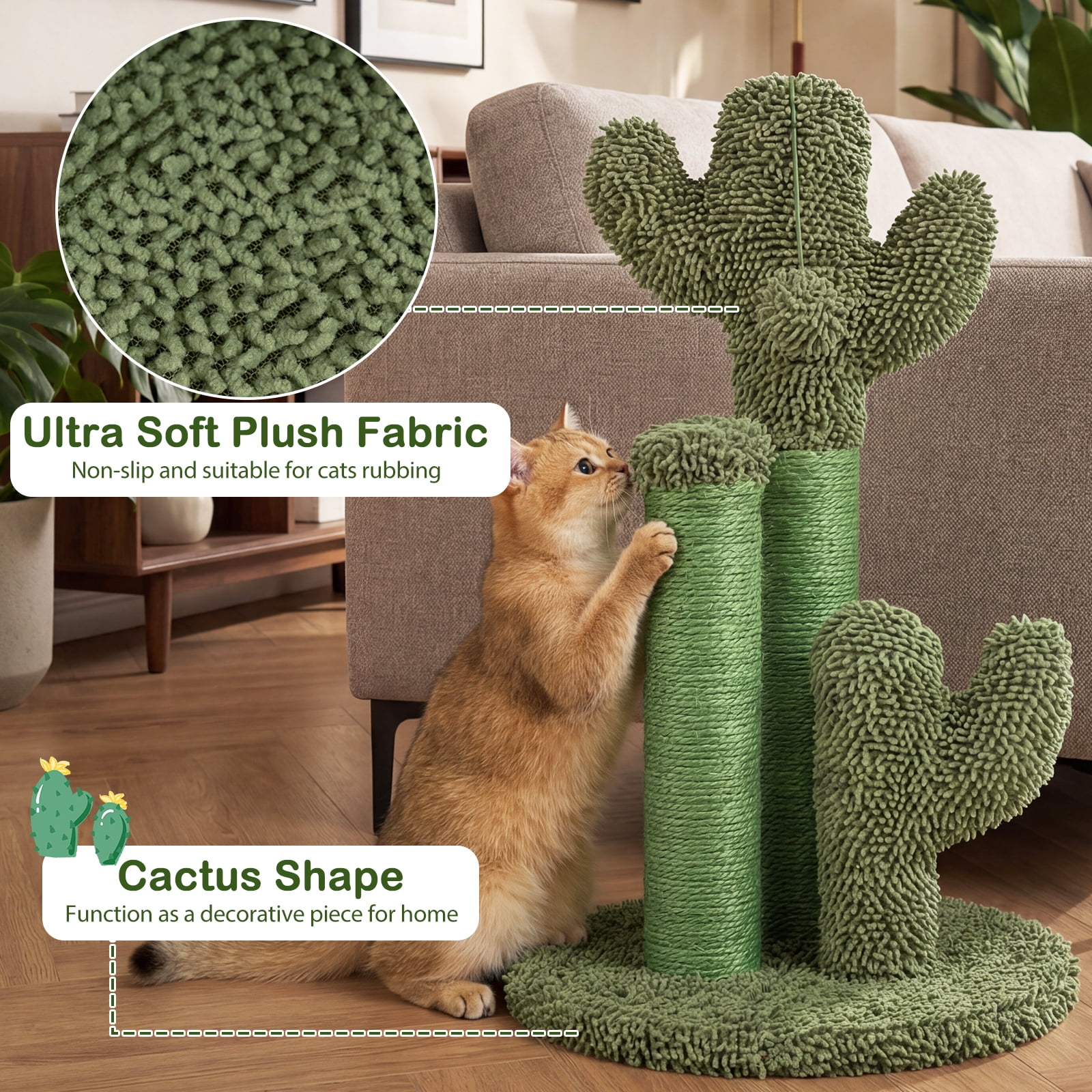 Gymax 22'' Cactus Cat Scratching Post Cute Vertical Cat Claw Scratcher w/ Sisal Rope Green
