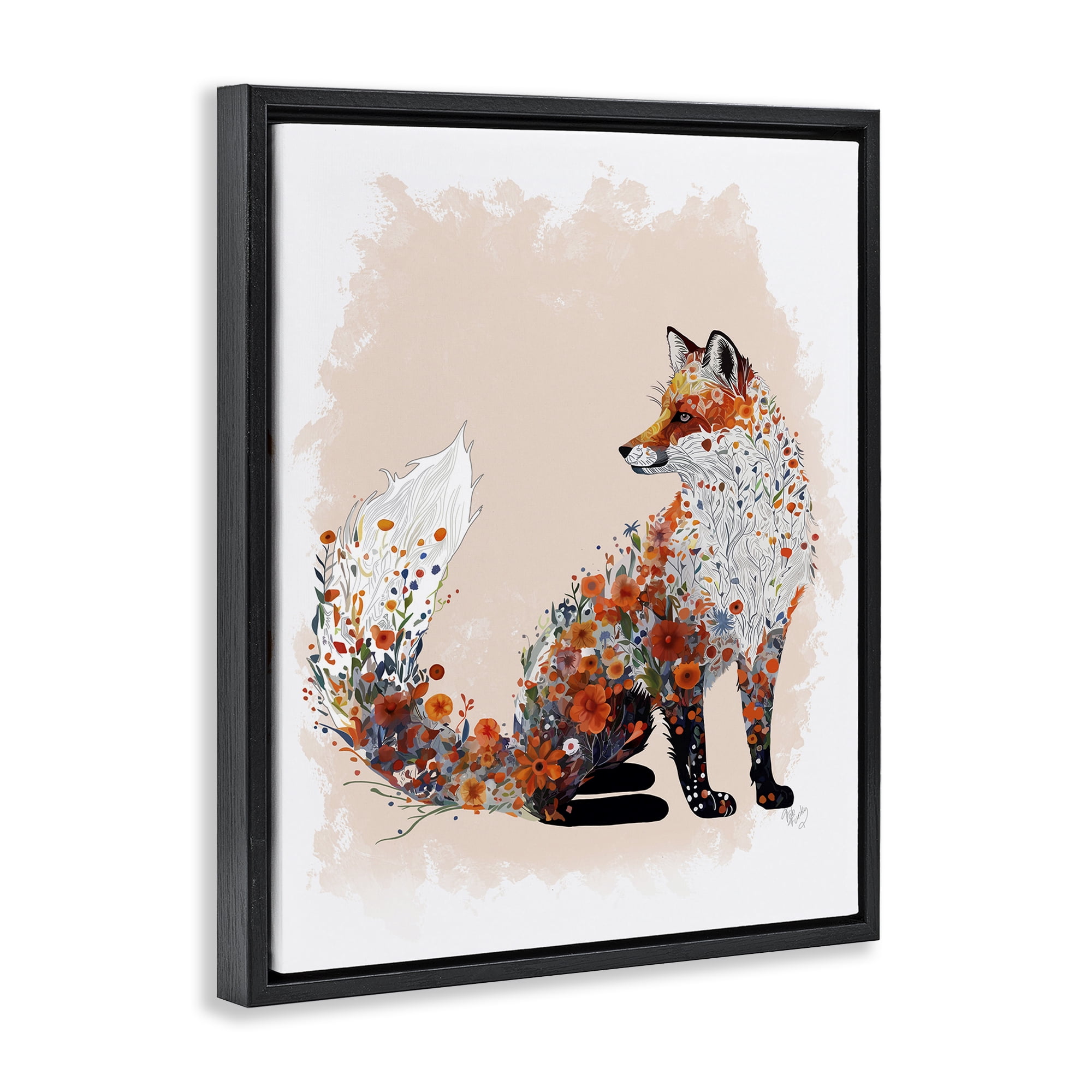 Stupell Industries Wildflower Patterned Fox Animals & Insects Painting Black Floater Framed Canvas Art Print Wall Art, 17 x 21