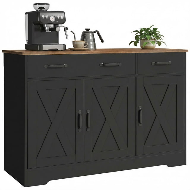HOMCOM Sideboard Buffet Cabinet, 43" Farmhouse Kitchen Cabinet, Black