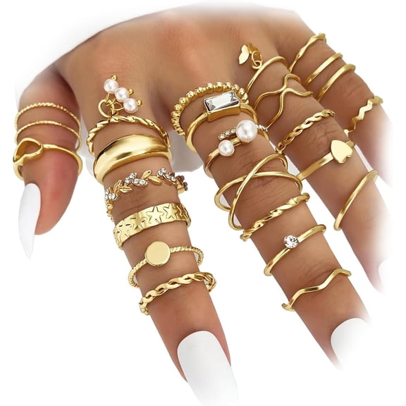 Designice Gold Ring Set for Women Vintage Stackable Knuckle Joint Finger Midi Rings Dainty Cubic Zirconia Crystal Simple Twist Hollow Cute Ring Pack Jewelry Gift