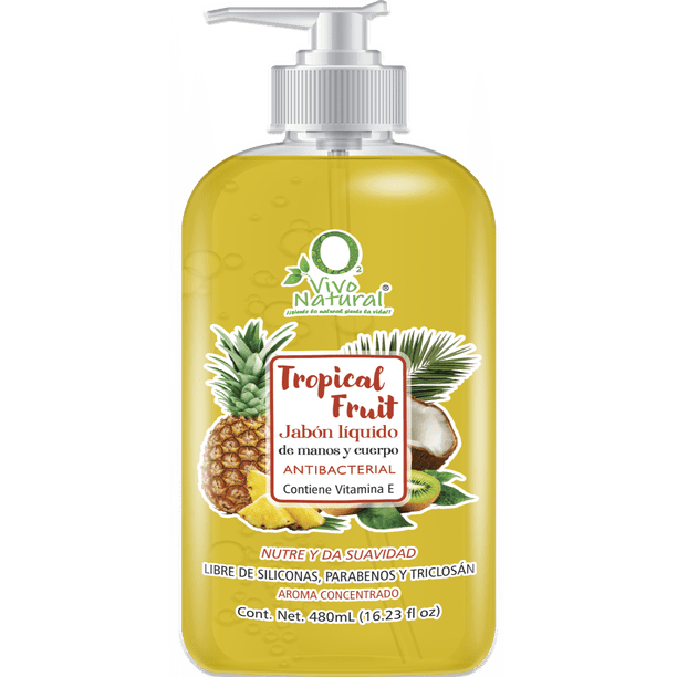 Jabón Líquido Antibacterial VivoNatural para Manos y Cuerpo aroma Tropical Fruit 480 ml con extracto de Aloe Vera