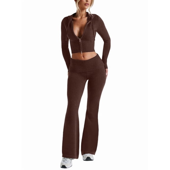 Women 2 Piece Knit Sets Cropped Zip Up Hoodie Foldover Flare Leg Pants Brown M