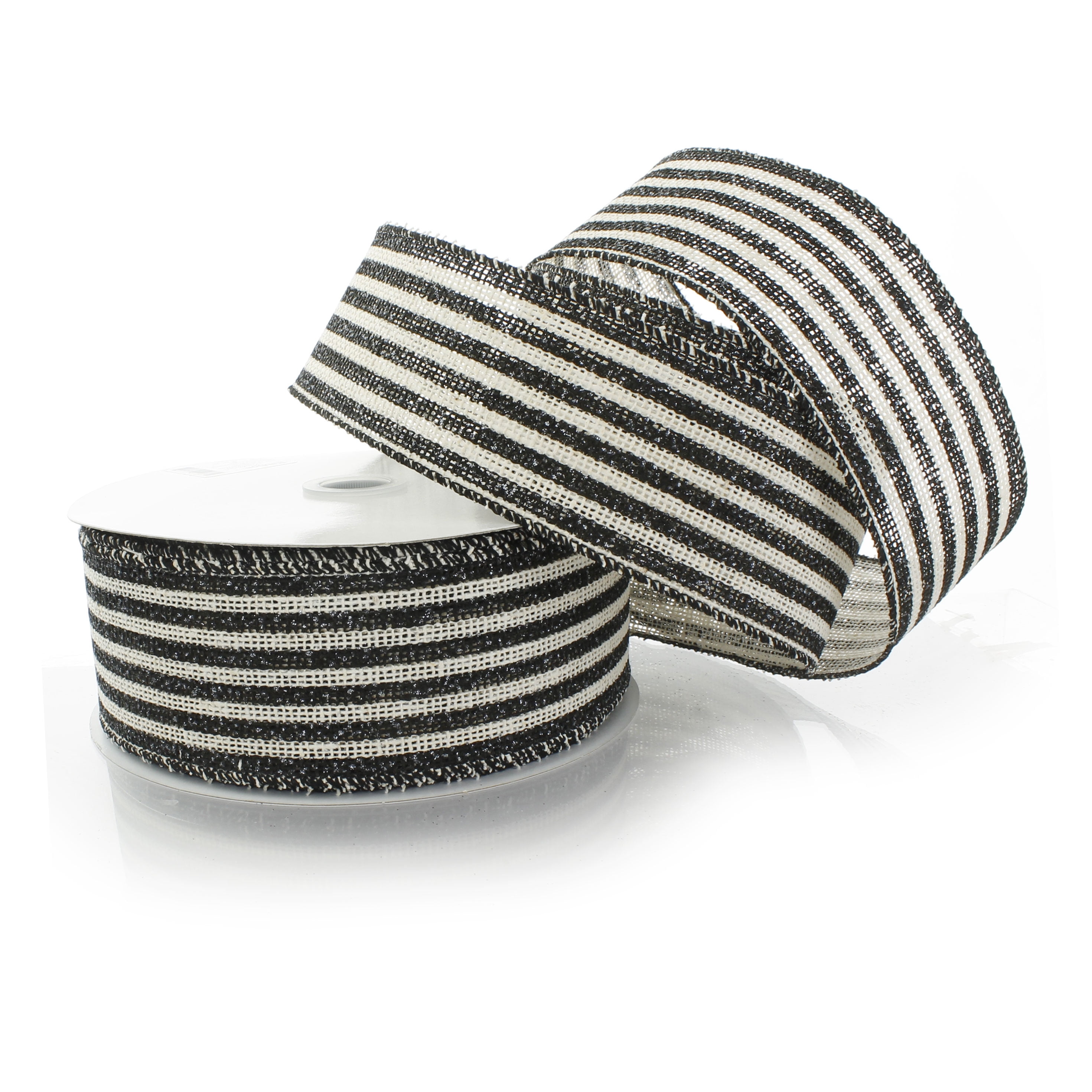 Ribbon Traditions Narrow Farmhouse Stripes Burlap Wired Ribbon 2 1/2 By 10  Yards - Black / Off-White 