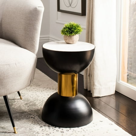 SAFAVIEH Zephyr Mid-Century Round Accent Table White Marble/Black