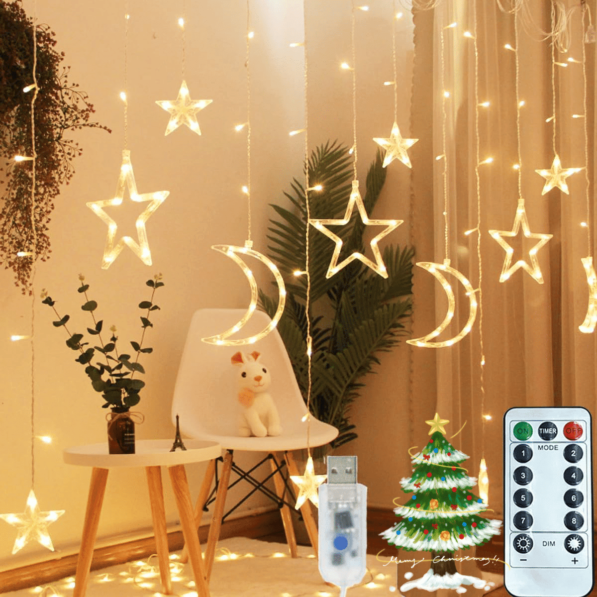Ramadan Solar Icicle Lights,Outdoor Waterproof Moons Stars Curtain Window String with 8 Modes Timer Remote,USB Rechargeable Connectable Warm White Hanging Decor for Patio