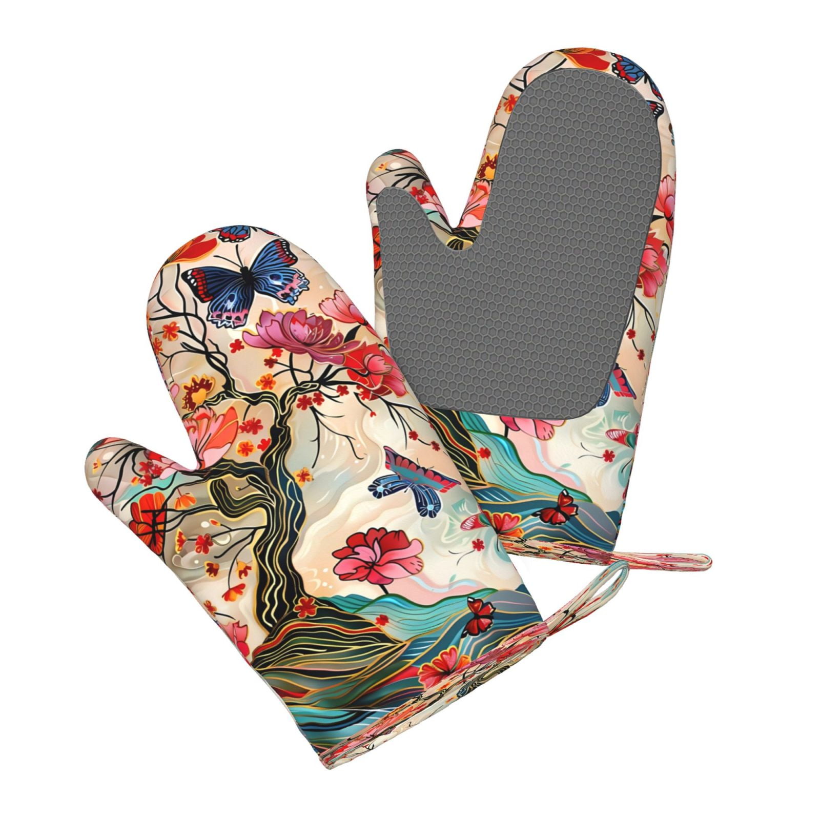 Hirioo Butterflies And Flowers Painting for Silicone Oven Mitts for BBQ, Baking, Cooking, Set of 2, Heat Resistant 260℃, Non-Slip Kitchen Essentials