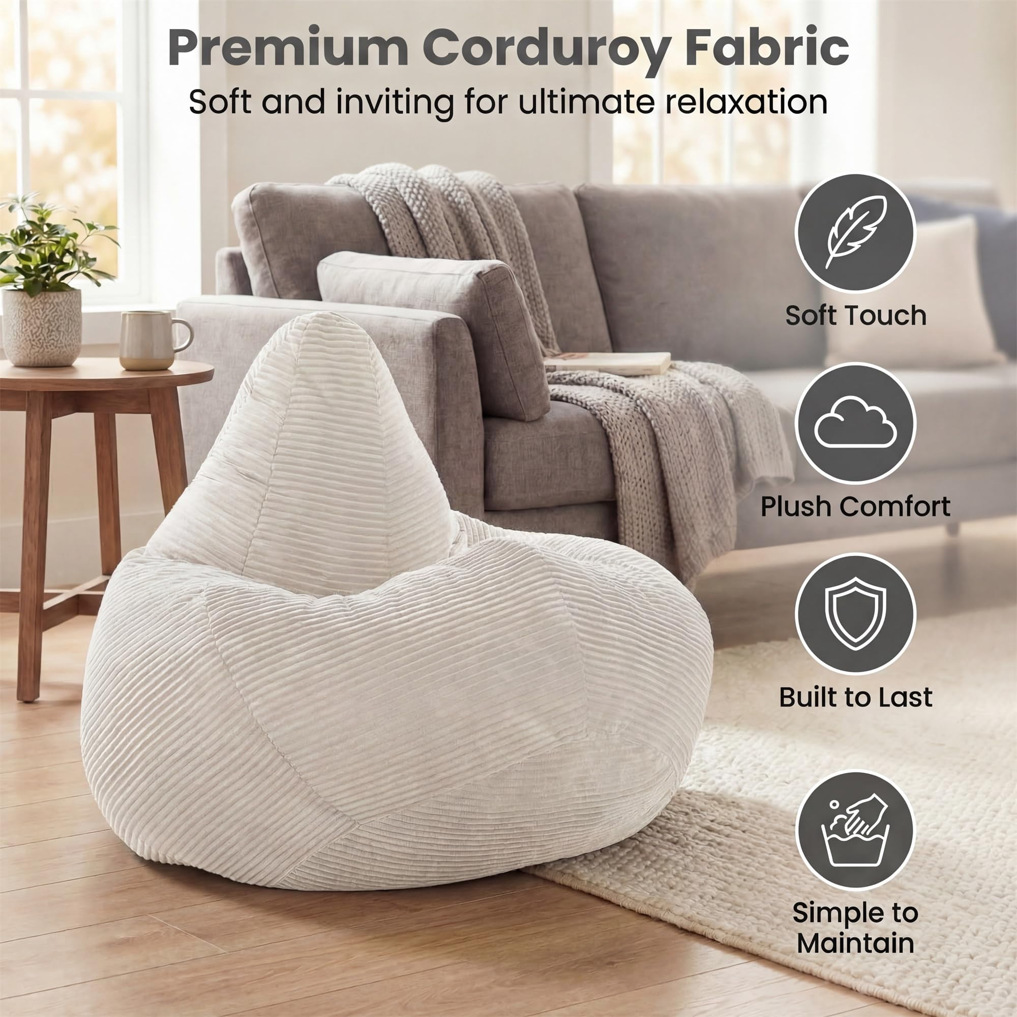 Corduroy Bean Bag Chair for Adults, Comfy Sponge Filling Lazy Sofa for , Soft Lounger for Living Room, Bedroom, Beige