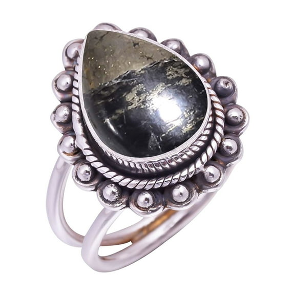 Healer'S Gold Pyrite In Magnetite Gemstone 925 Sterling Silver Ring V9472, Statement Ring, Black Ring, Pear Ring, Gift For Her, Pyrite In Magnetite Ri