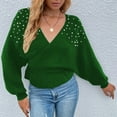 thumbnail image 5 of Hinvhai Plus Size Sweater Tops On Seasonal Clearance Women's V-Neck Winter Pearl Solid Long Sleeve Pullover Tops Sweaters Green 6(M), 5 of 5