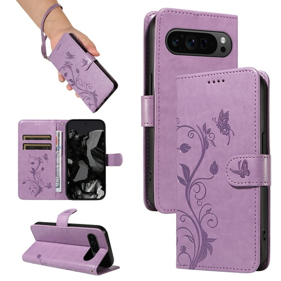 Allyechgroup Wallet Case for Apple Google Pixel 7, Butterfly Floral Embossed Premium PU Leather Shockproof Flip Stand Cards Slots Hand Wrist Phone Case for Apple Google Pixel 7, Purple
