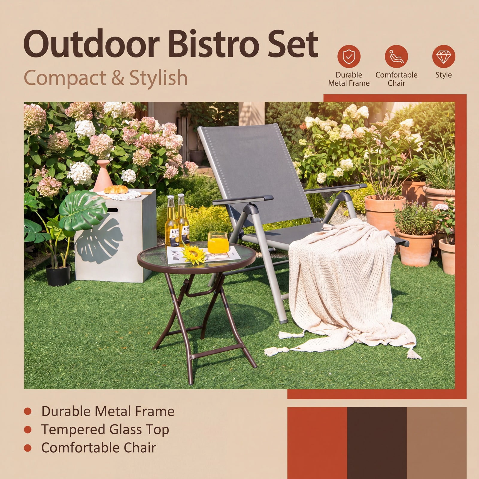 Furnibear Folding Patio Side Table with Tempered Glass Tabletop and Steel X Frame for Backyard Garden Poolside and Balcony, Black