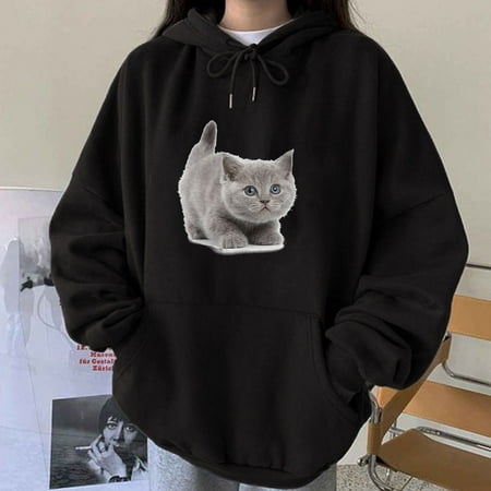 

Aueoeo Workout Sweatshirt Women Women s Sweatshirts Clearance Women s Cat Print Top Cute Relaxed Long Sleeve Crew Neck Hoodie