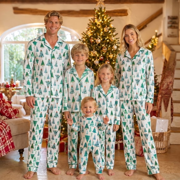 AIGUR Family Matching Christmas Pajama Set, Family Matching Pajamas Sets Cute Christmas Tree Button up Long Sleeves Shirt and Elastic Pants for Soft Loungewear