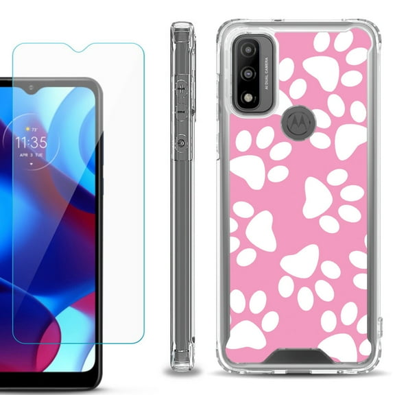 Shockproof Bumper Phone Case for Motorola Moto G Pure, with Tempered Glass Screen Protector, by OneToughShield ® - Pet Paw/ Pink