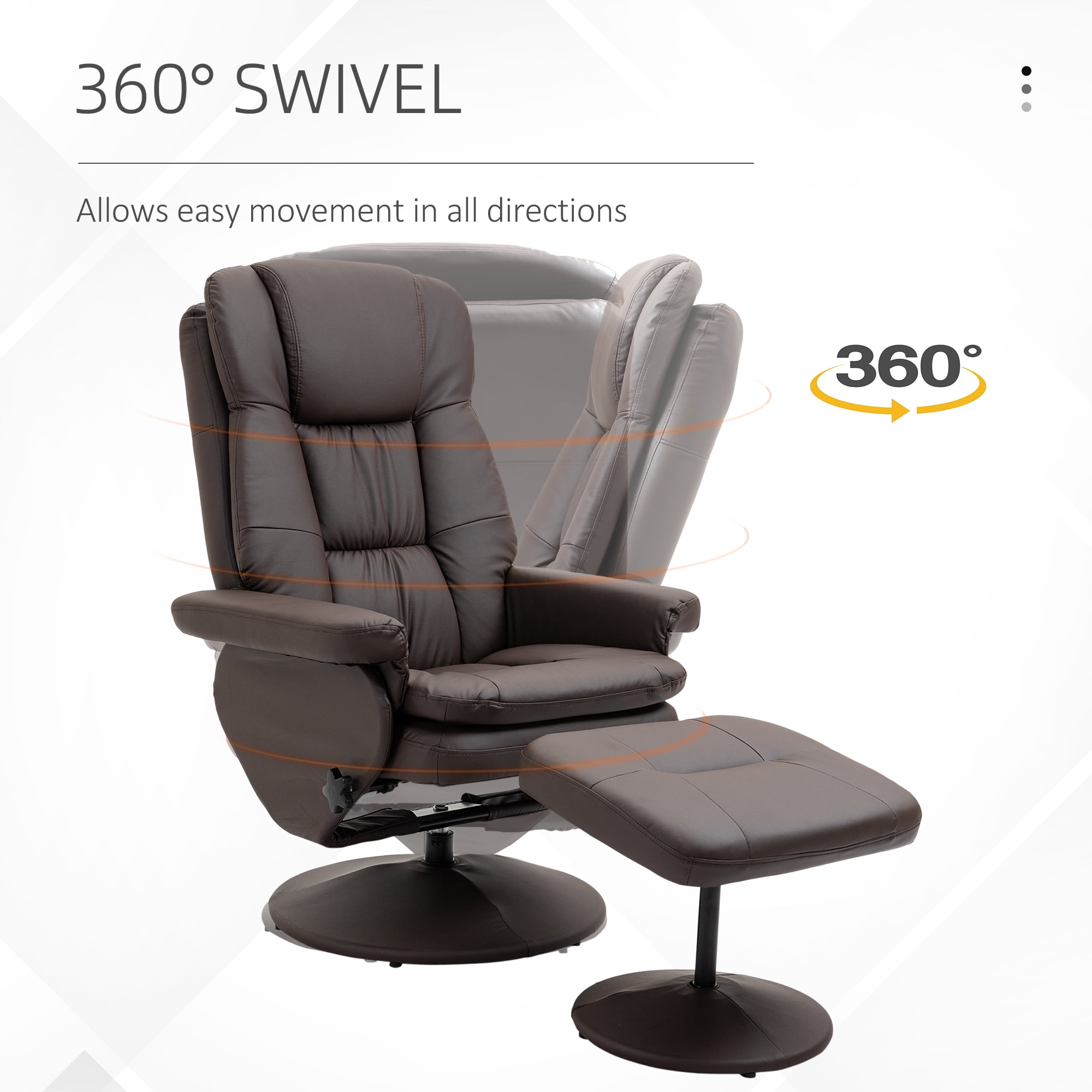 Brown PU Leather Recliner Office Chair with Ottoman, 135° Recline, 360° Swivel, High Back, Steel Frame