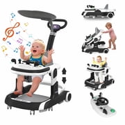 KFeng 5-in-1 Baby Walker, Foldable Infant Toddler Walker for Boys Girls 6-18 Month, Removable Footrest, Car Steering Wheel & Music, Adjustable Push Walker Black
