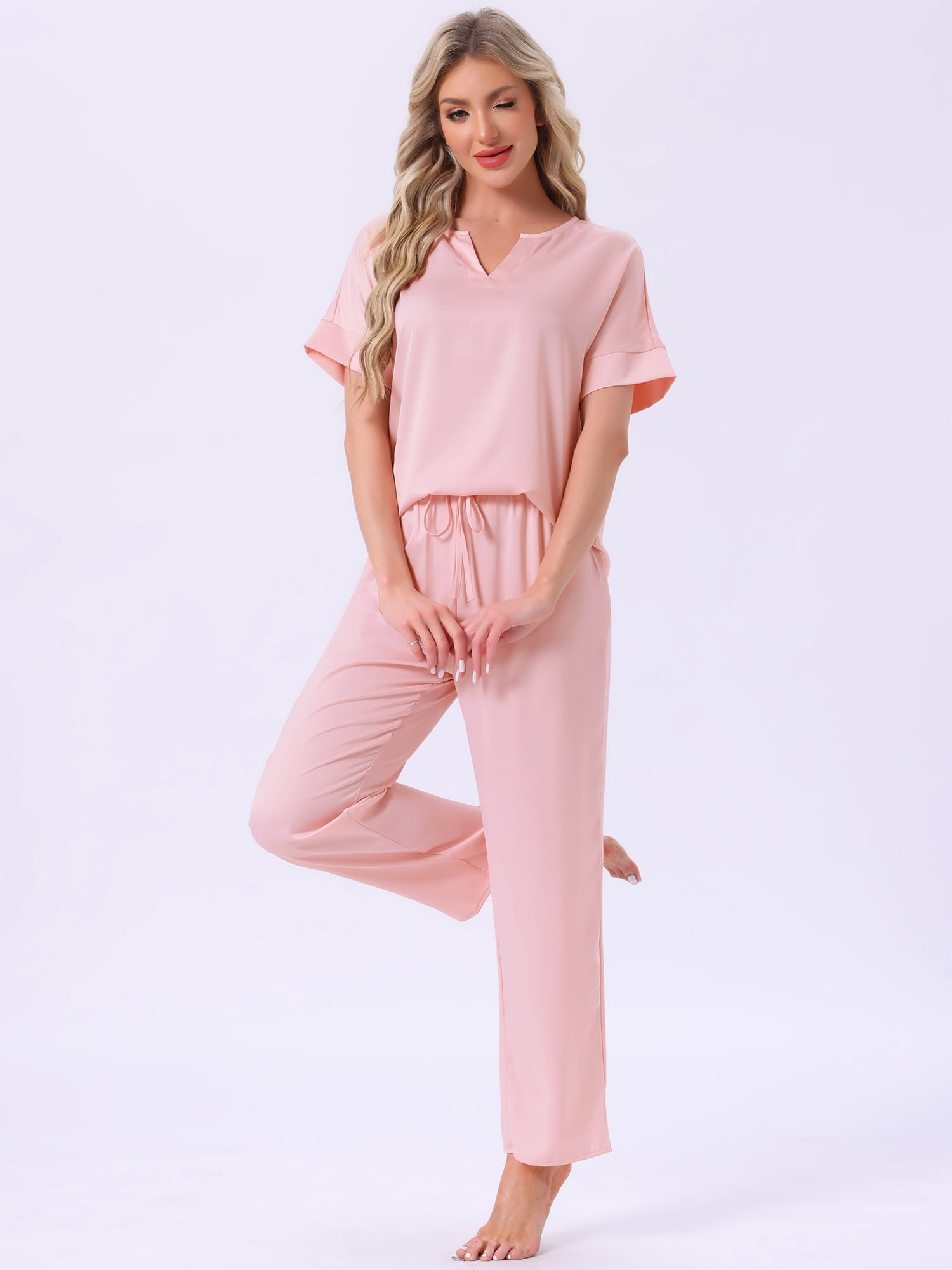 DARING DIVA Satin Pajamas Silky Short Sleeve V Neck Shirt Long Pant Set M Pink