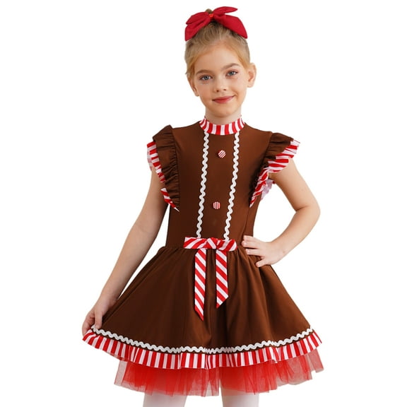 TTAO Kids Gingerbread Dress for Girls Christmas Cookie Clothes Xmas Party Performance Dress Up Brown 14
