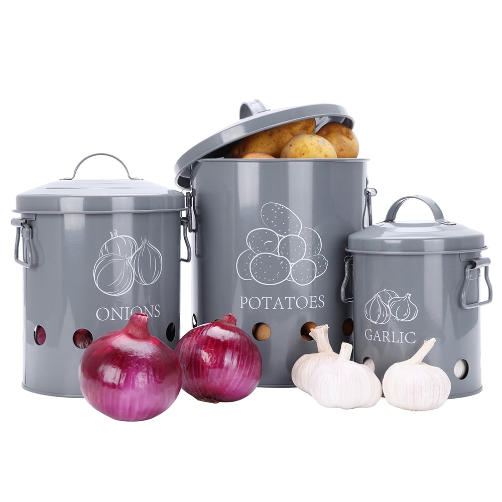 with Aerating Tin Storage Holes & Lid Blesiya Set of 3 Antique Potato Onion Kitchen Storage Canisters Jars Pots Containers Potatoe Onion Bin Caddy 