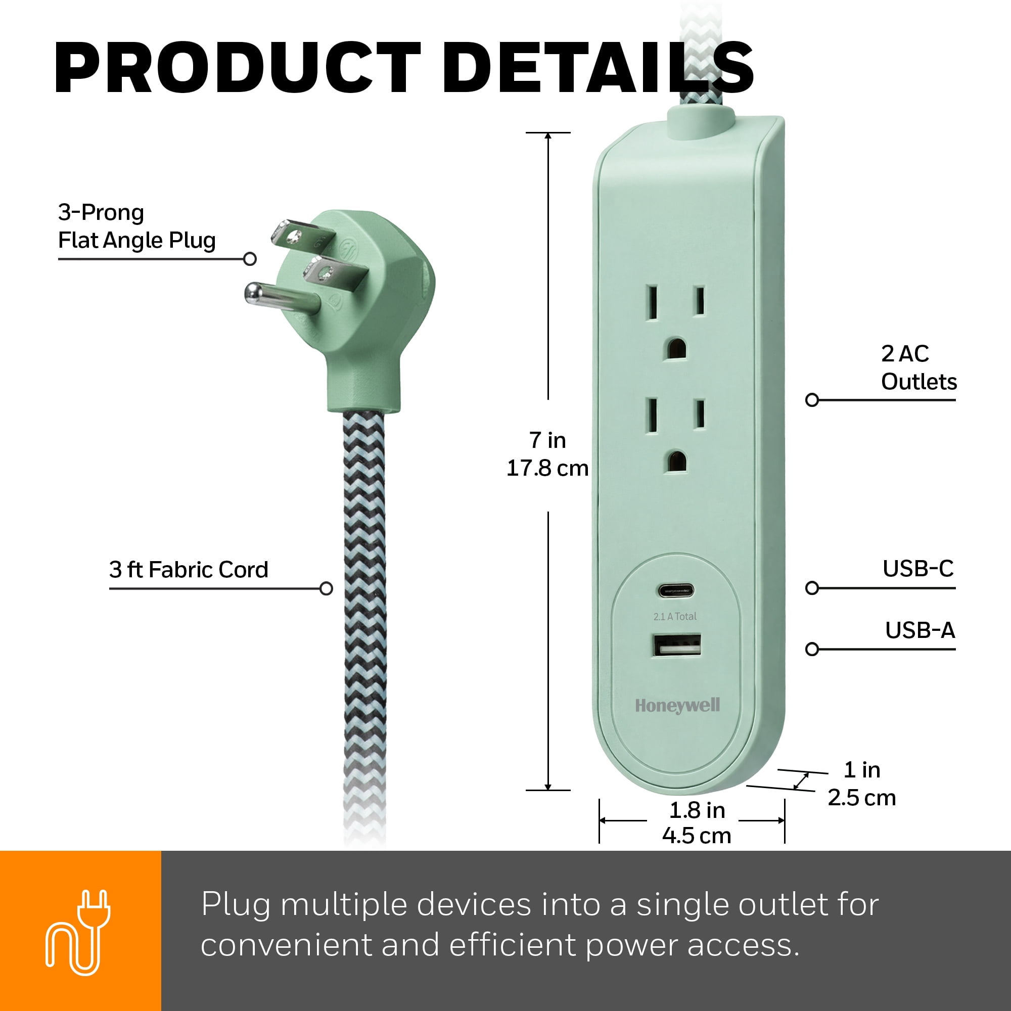 Honeywell 3 ft. Fabric Power Strip with 2 AC & 2 USB Ports (2.1A), 45° Angled Flat Plug (Sage Green)
