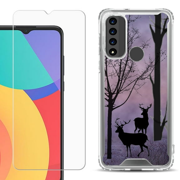 Shockproof Bumper Phone Case for TCL 20 XE, with Tempered Glass Screen Protector, by OneToughShield ® - Forest/Deer/Twilight