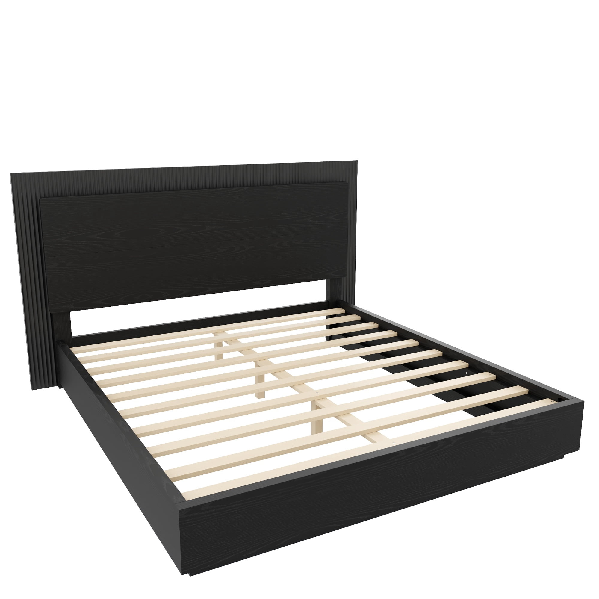 Euroco Wood Queen Size Platform Bed with LED Light Headboard, No Box Spring Needed, Black