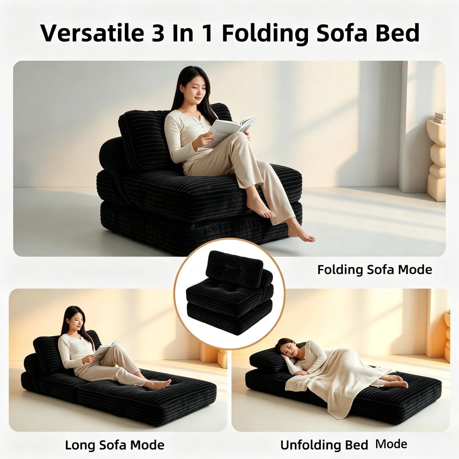 Folding Sofa Bed, Convertible Sleeper Chair with Pillow, Foldable Floor Couch Bed with Back Support, Portable Lounge for Living Room Bedroom, Black
