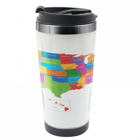 

Wanderlust Travel Mug USA Map with States Steel Thermal Cup 16 oz by Ambesonne