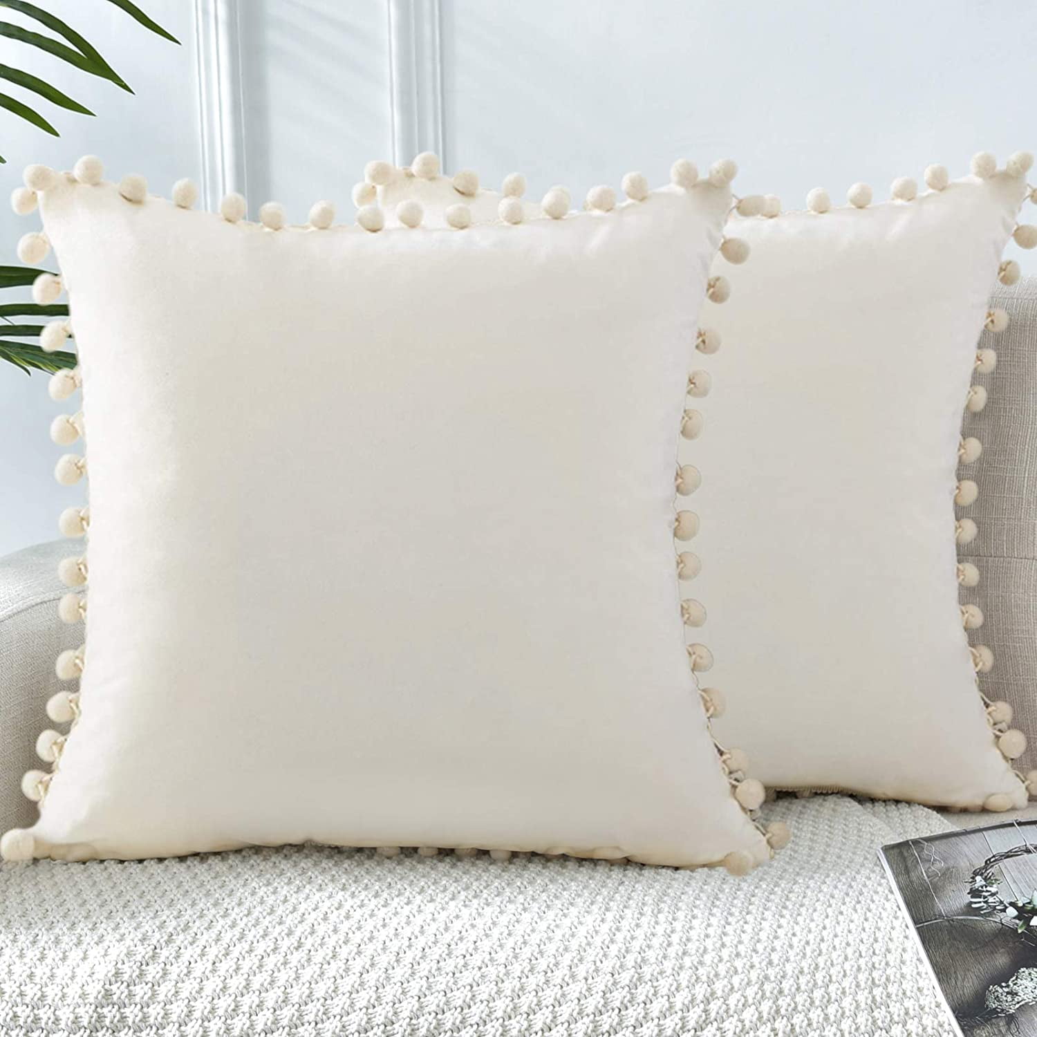 HTOOQ Throw Pillow Covers 24x24 Cream Coloured Decorative Velvet Farmhouse Pillow Cases Cushion Cover with Pom Poms for Couch Sofa Bedroom Set of 2 Walmart