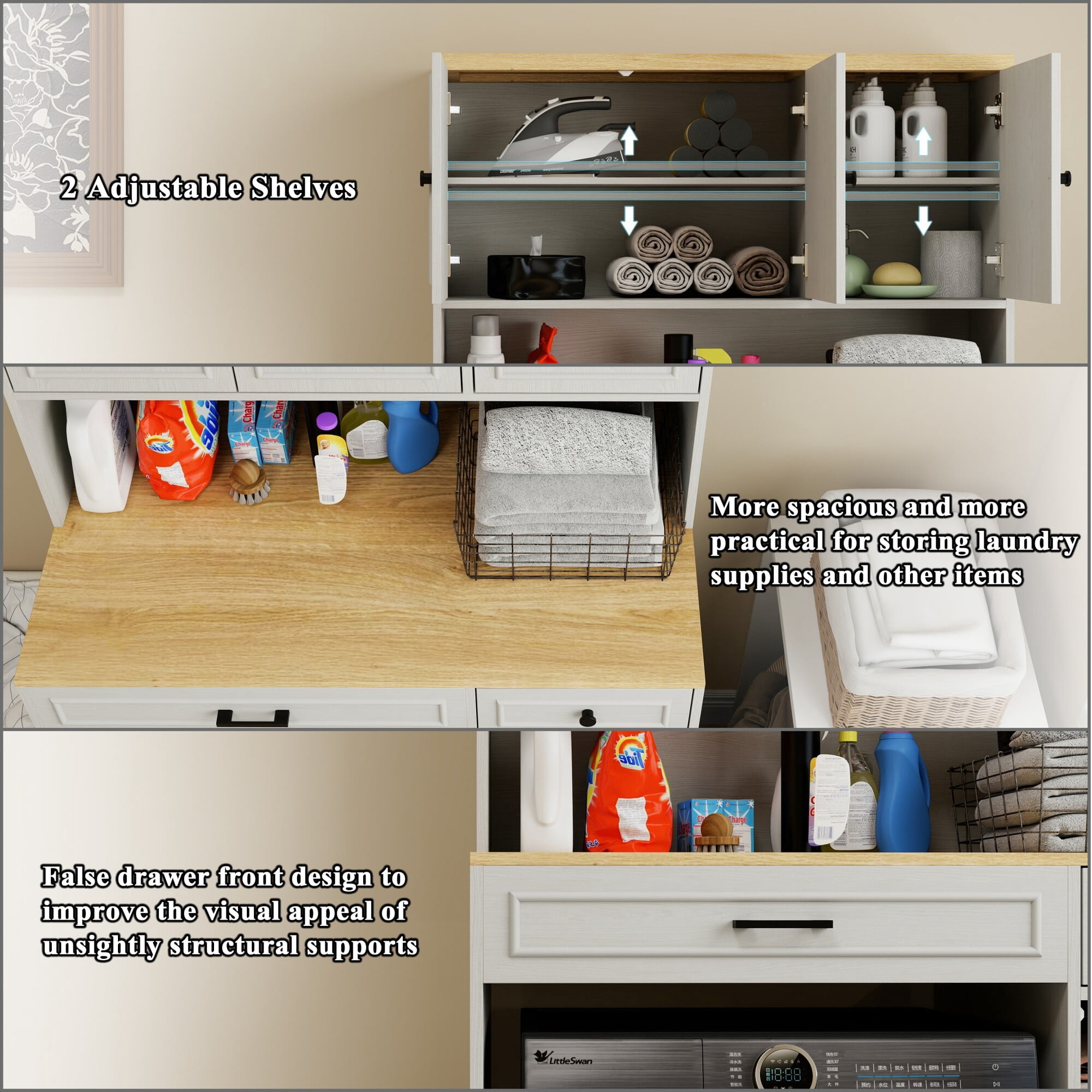 AENKYO Over-Washer Cabinet with Laundry Basket and Adjustable Shelves, Organizer for Compact Washer/Dryer, Antique White
