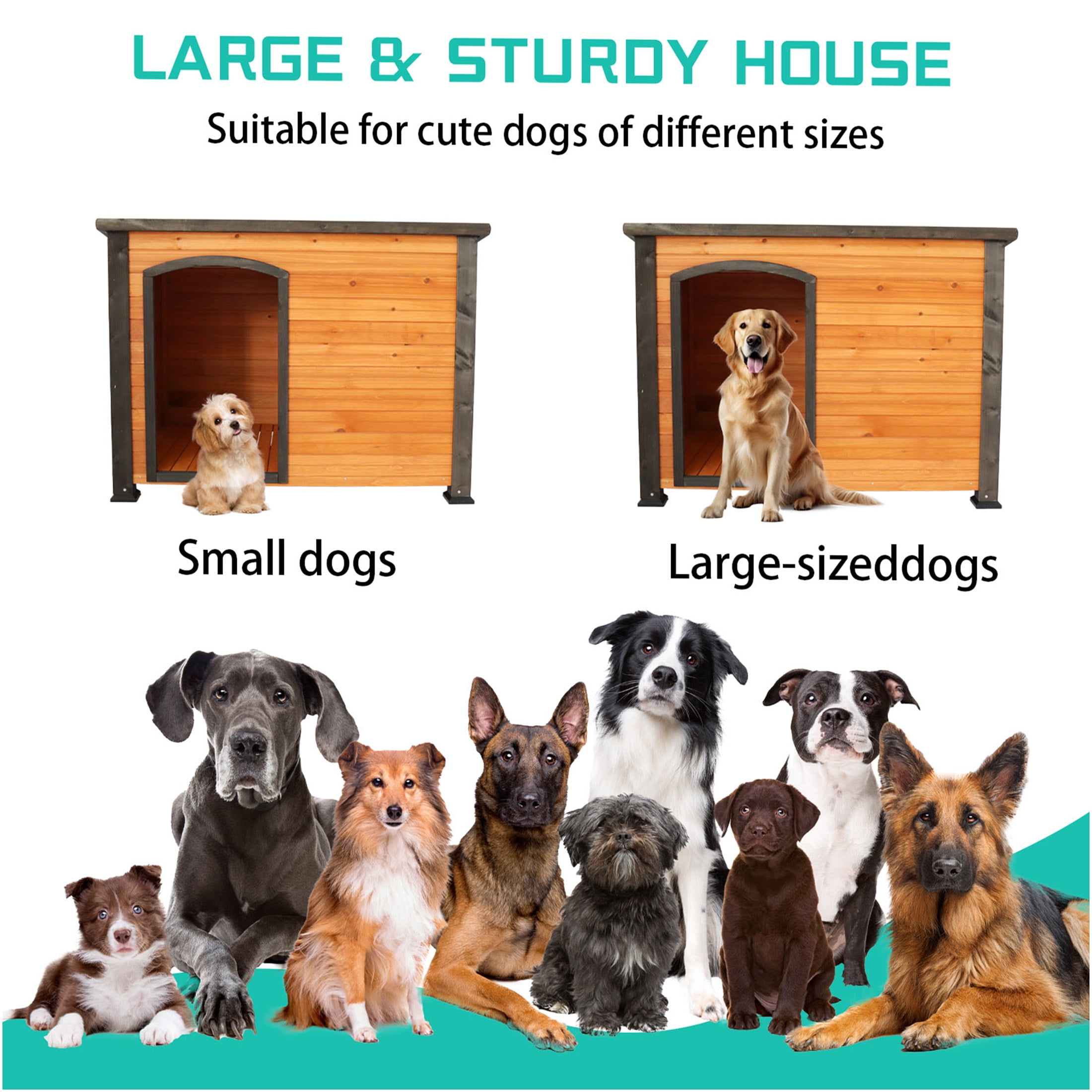 JERFIT 45 Inch Large Dog House Outdoor Indoor, All Weather Wooden Kennel with Elevated Base, Waterproof Roof & Winter Straps, Golden Black