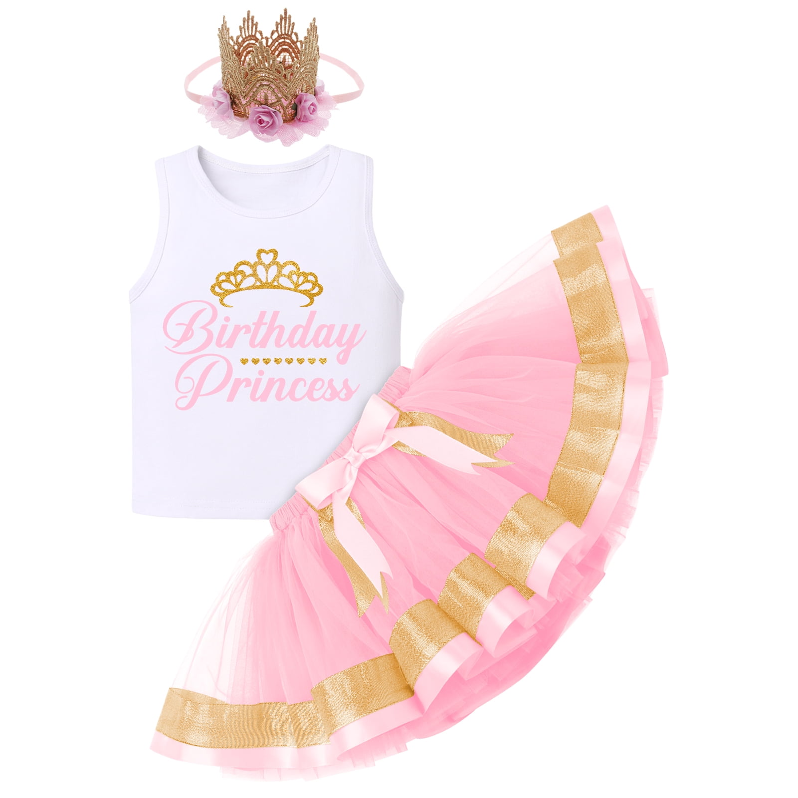 IBTOM CASTLE Toddler Baby Girls Princess Birthday Outfits Sleeveless Printed Vest Tops+Tulle Tutu Dress+Flower Crown Party Clothes 4-5 Years Pink