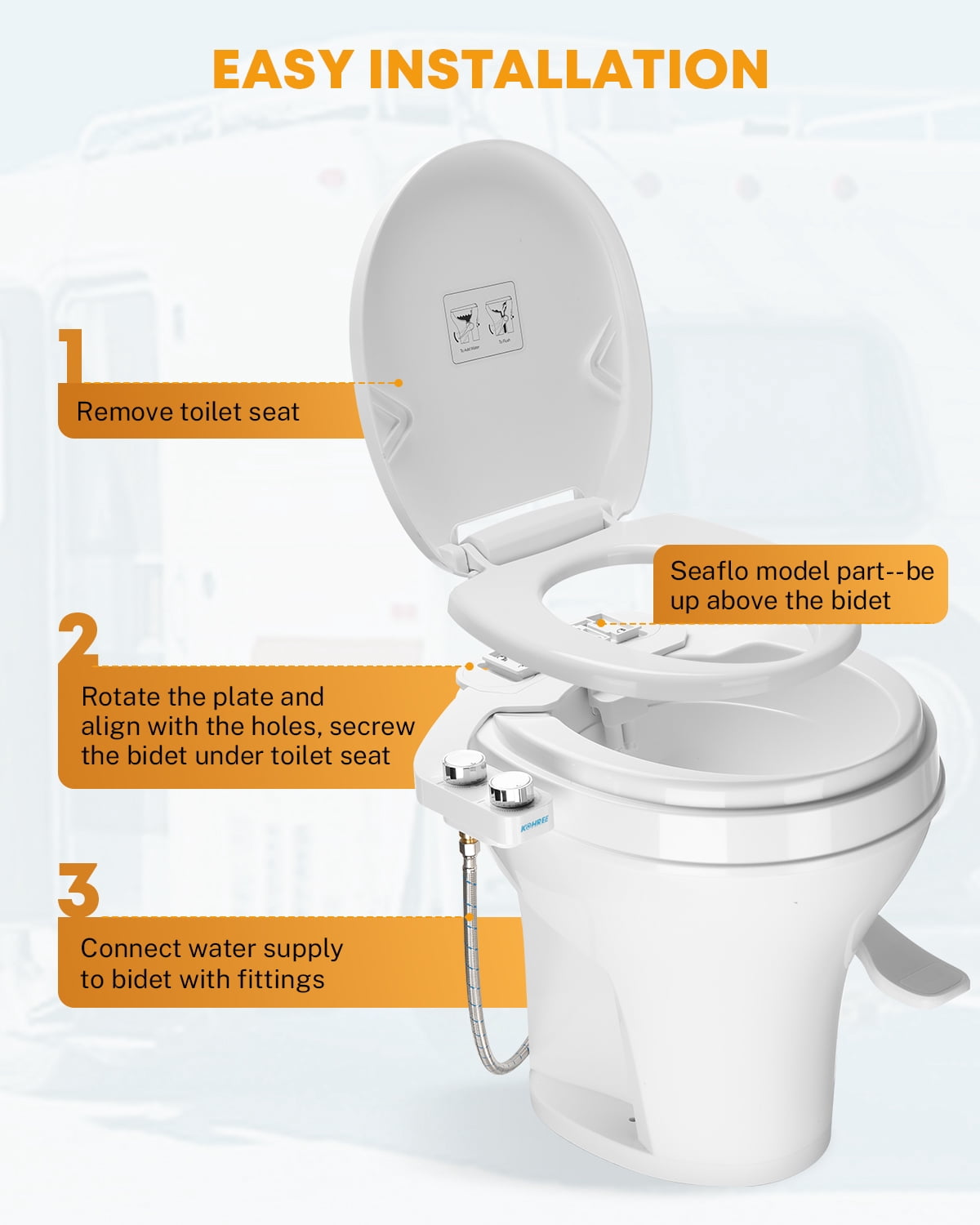 Kohree RV Bidet-360°Self Cleaning, Adjustable Dual Nozzle,Included Metal Mounting Hardware and Hose for Most RV Toilets