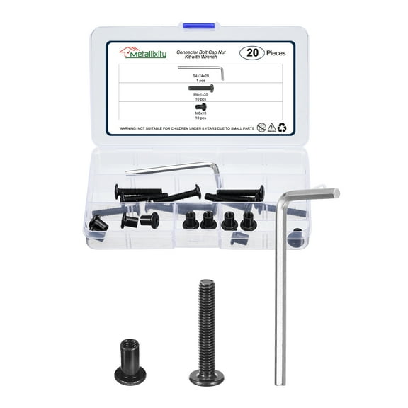 Furniture Connector Bolts Cap Nut Kit with Wrench(M6-1x35mm) 20Pcs, Connector Bolts M6 Countersunk Screw Barrel Nuts Binding Screws, for Chair Cabinet Bed, Black