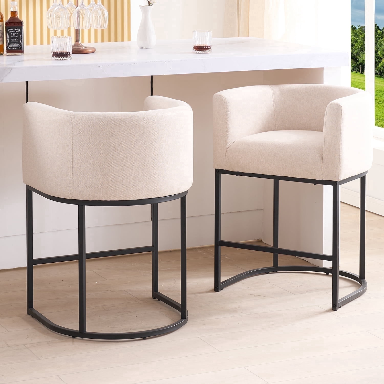 FANCROU 26" H Counter Height Bar Stools Set of 1, Fabric Barrel Stools with Back and Arms, Linen-Black Leg