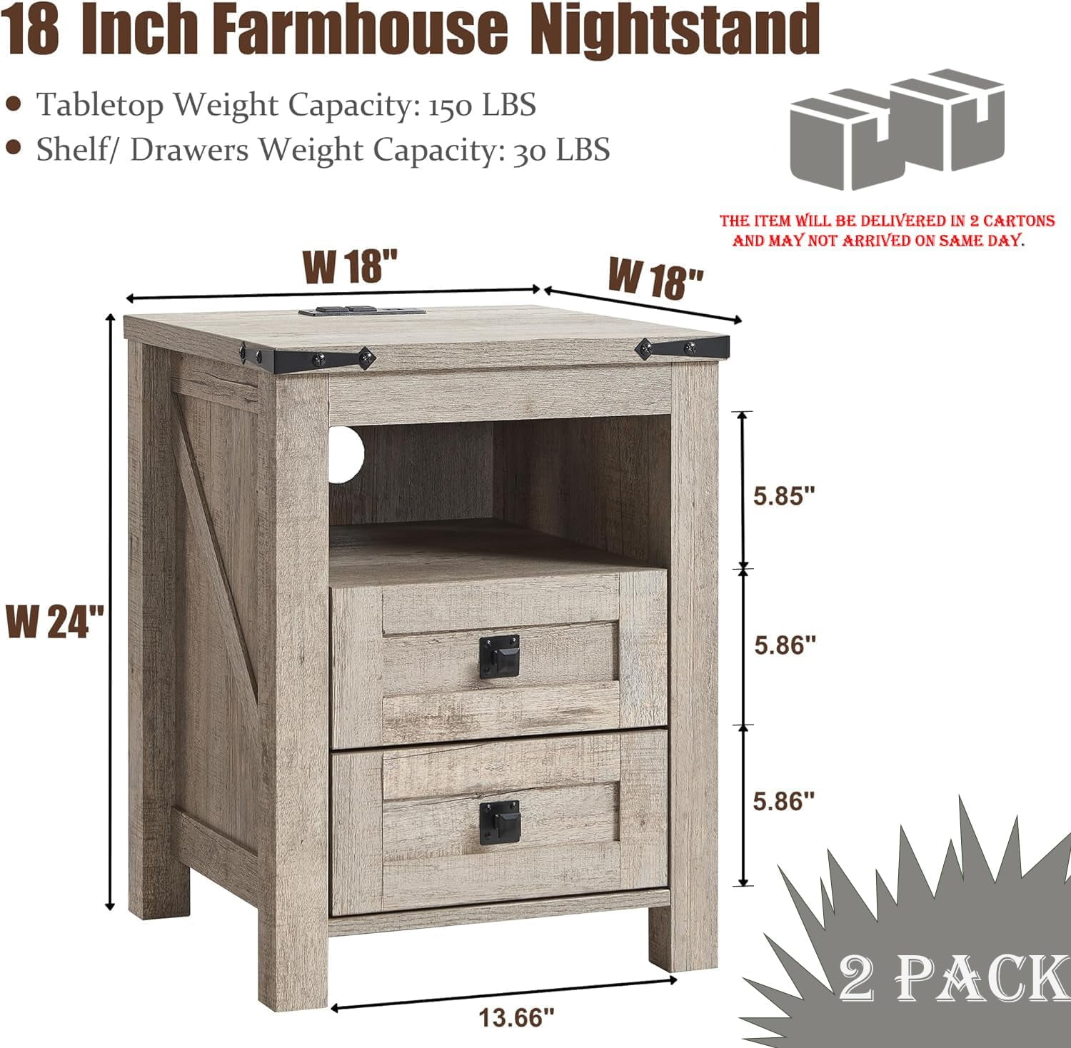 OKD Farmhouse Nightstand Set of 2 with Charging Station, 2-Drawer End Table, Light Rustic Oak