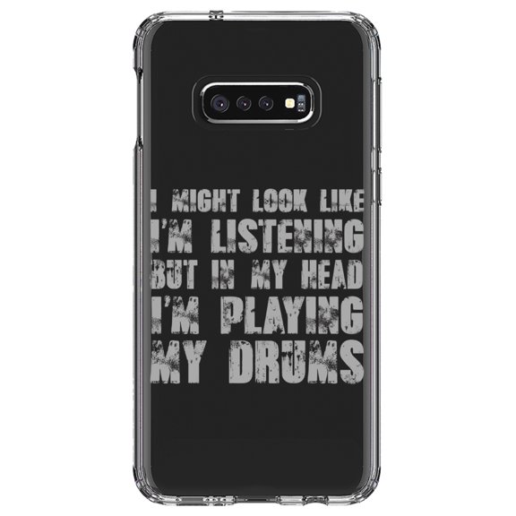 DistinctInk Clear Shockproof Hybrid Case for Samsung Galaxy S10e (5.8" Screen) - TPU Bumper Acrylic Back Tempered Glass Screen Protector - In My Head, I'm Playing Drums