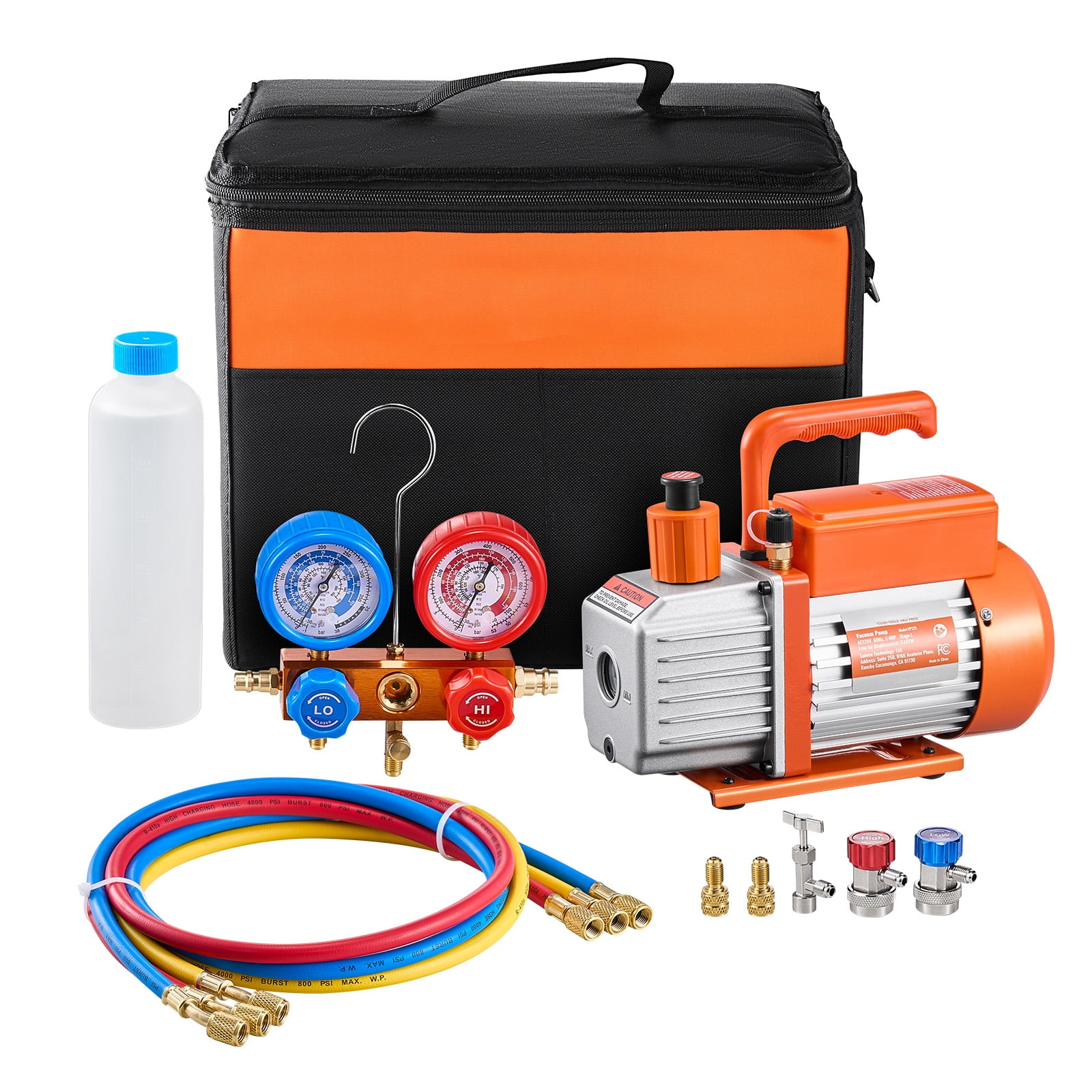 KFFKFF 3.5 CFM AC Vacuum Pump and Gauge Set, Single Stage Rotary Vane HVAC Air Vacuum Pump, A/C Refrigerant Manifold Gauge Kit, with Hoses, for R134a, R12, R22, R502a, R410A, R404, R407C Refrigerants