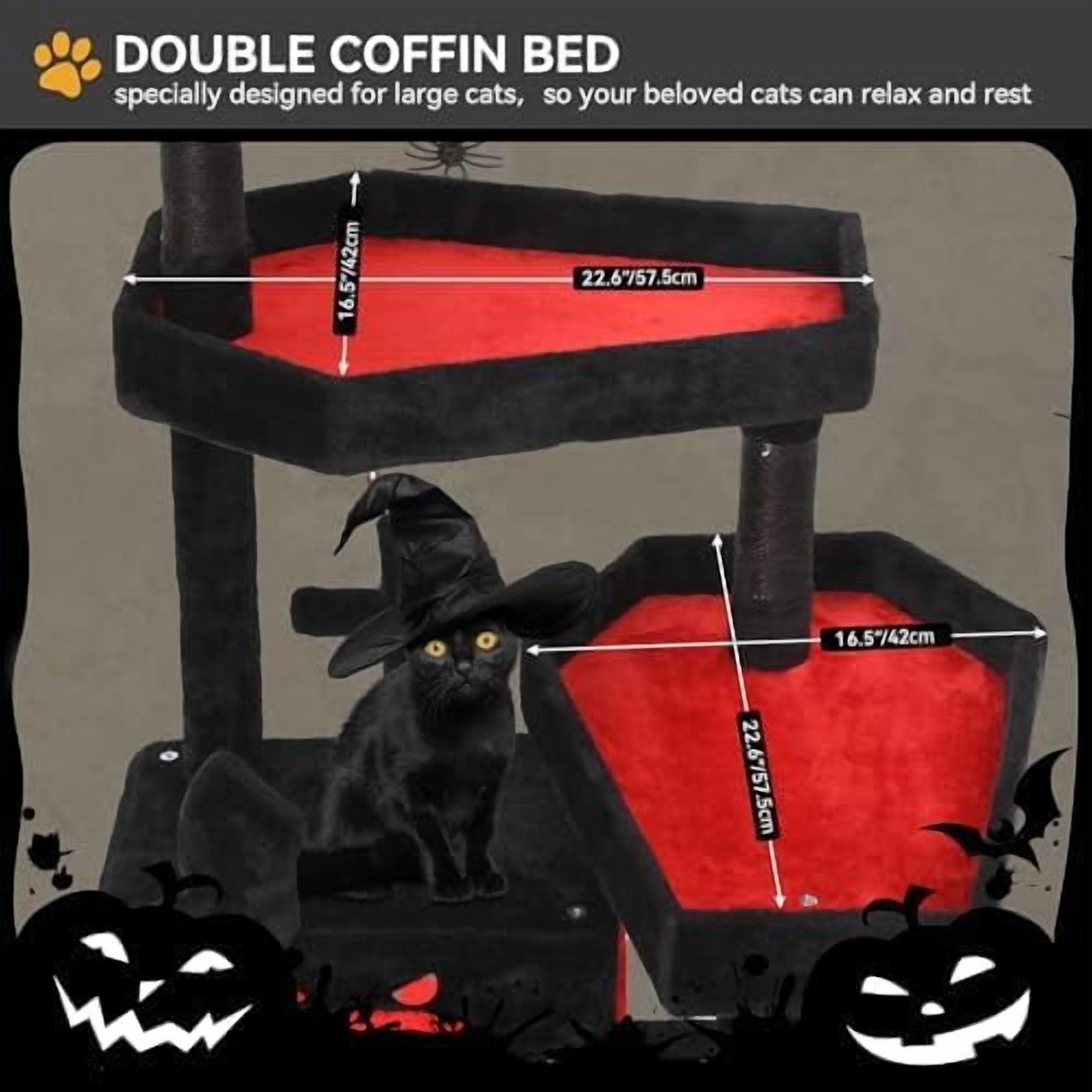 Gothic Cat Tree with Coffin Bed, 63" Tall Cat Tower for Indoor Cats with Top Perch, Spacious Cat Condos, Spider Hanging Balls,Comfy Hammock, Scratching Post and Ladder, Black Halloween