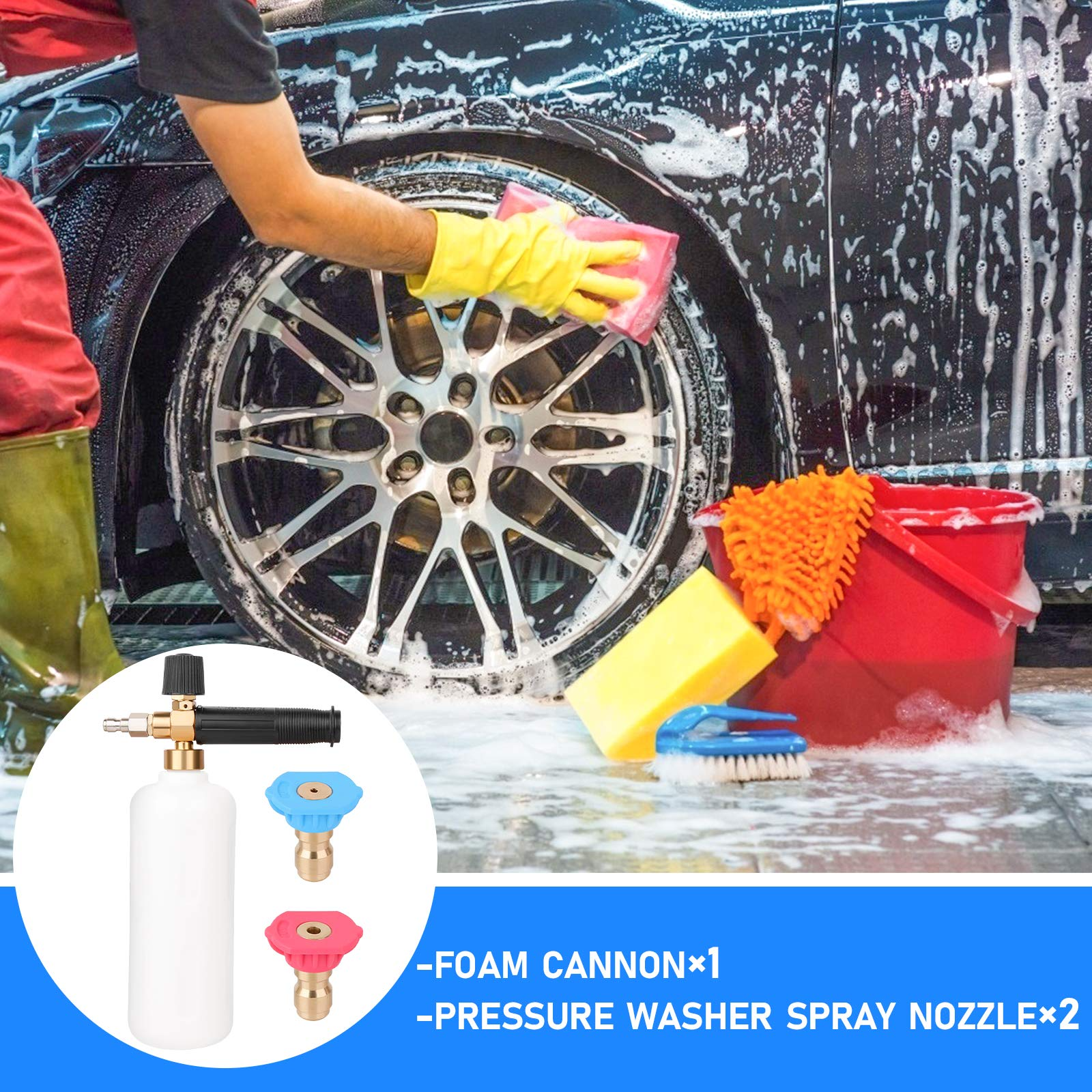 Bottle Snow Foam Lance Foam Cannon 1 L with 1/4’’ Quick Connector and 2 Pressure Washer Spray Nozzle Tips (12)