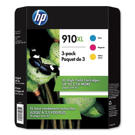 HP 910XL Cyan Magenta Yellow Original Ink Cartridges 3YM86BN 3-Pack for OfficeJet Pro 8035e (Sold Without Manufacturer Warranty)