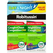 Robitussin Maximum Strength Cough + Chest Congestion DM and Maximum Strength Nighttime Cough Dm, Cough Medicine, Berry Flavor - 4 Fl Oz Bottles (Pack of 2)