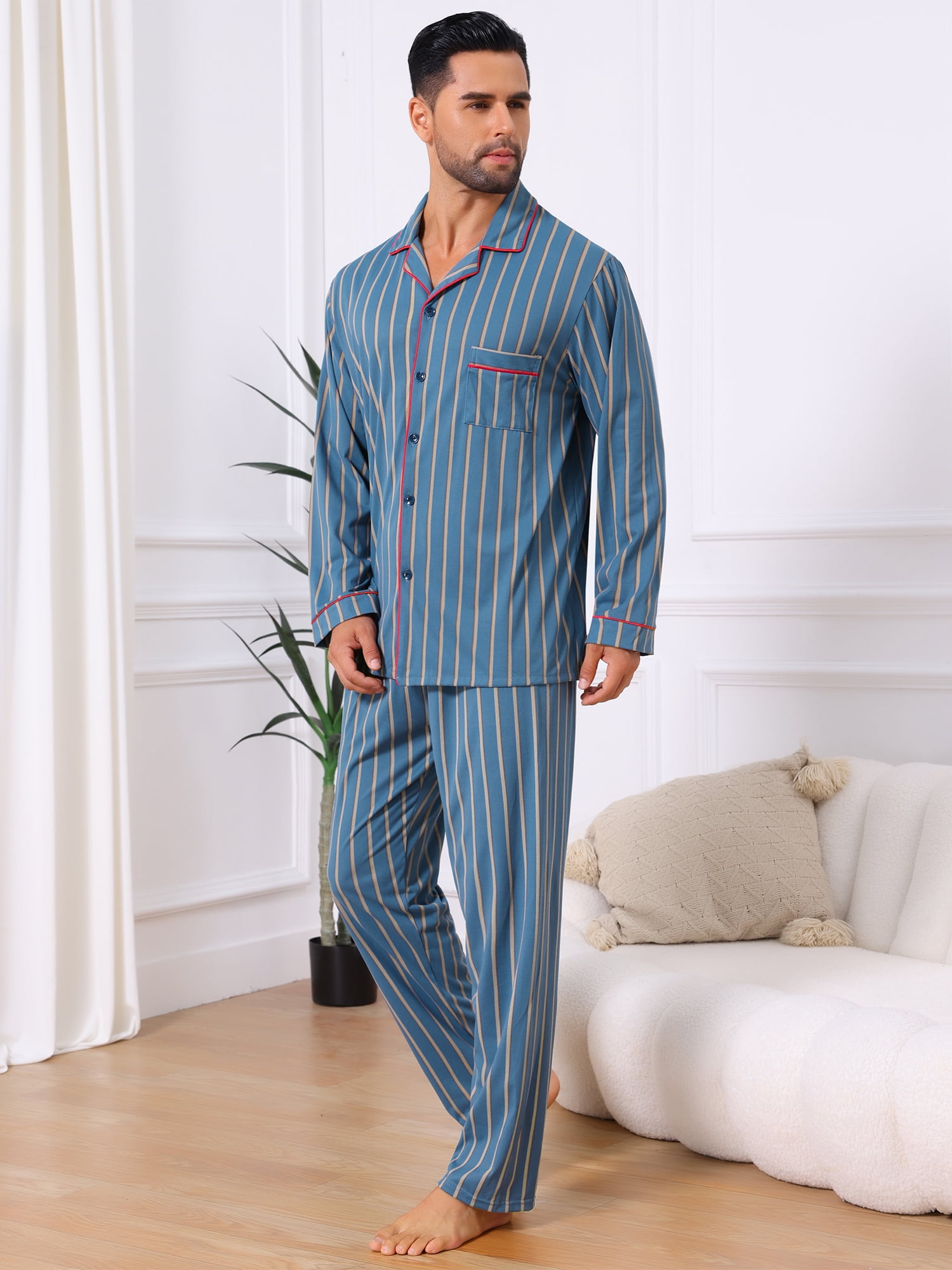 DARING DIVA Men's 2-Piece Long Sleeve Button Down Pocket Pajamas Set M Blue Khaki
