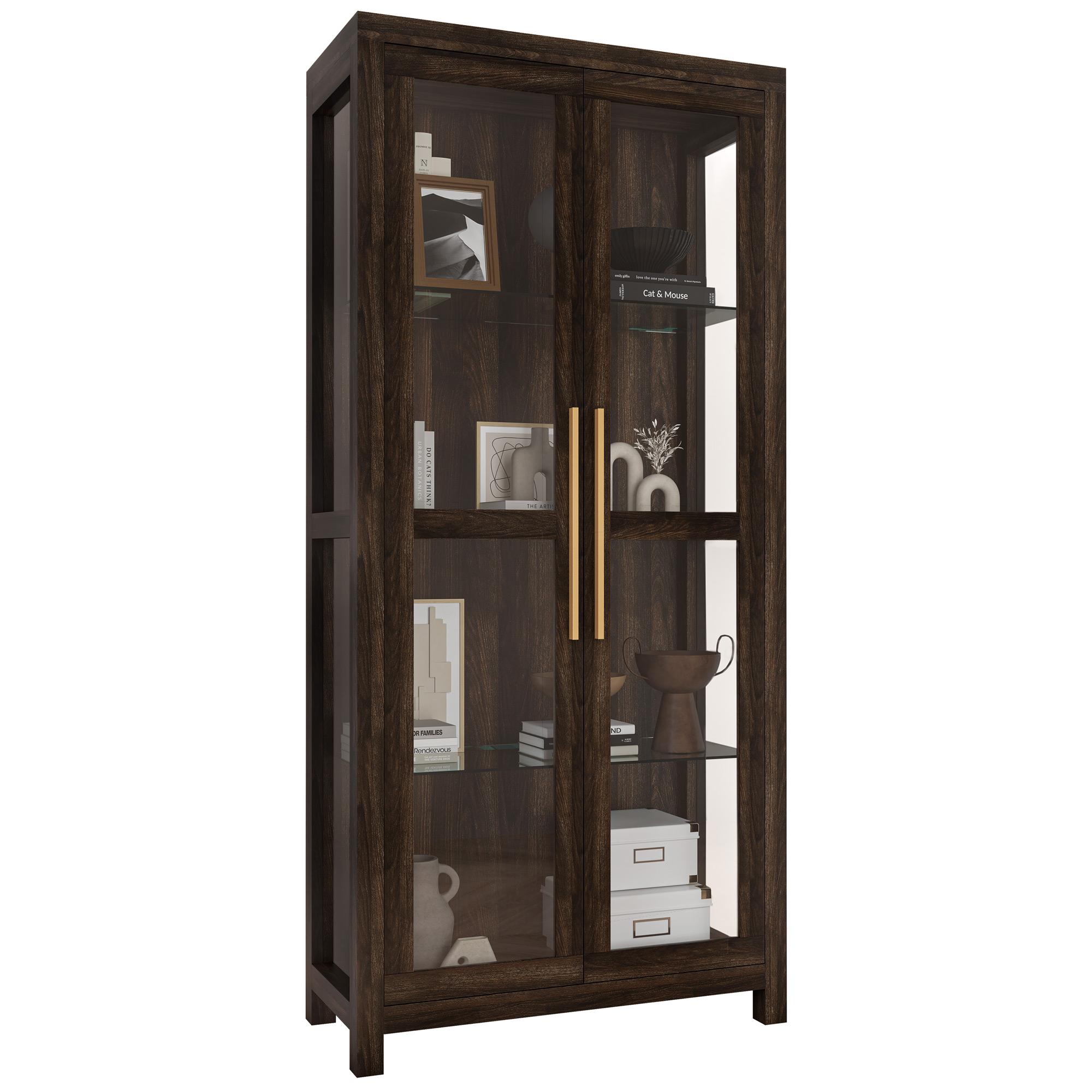 BELLEZE Storage Cabinet, Tall Bookshelf or Display Cabinet For Living Room Bedroom, Curio Cabinet with Tempered Glass Doors, Trophy Display Case, Storage/Organization - Avalon (Dark Walnut)