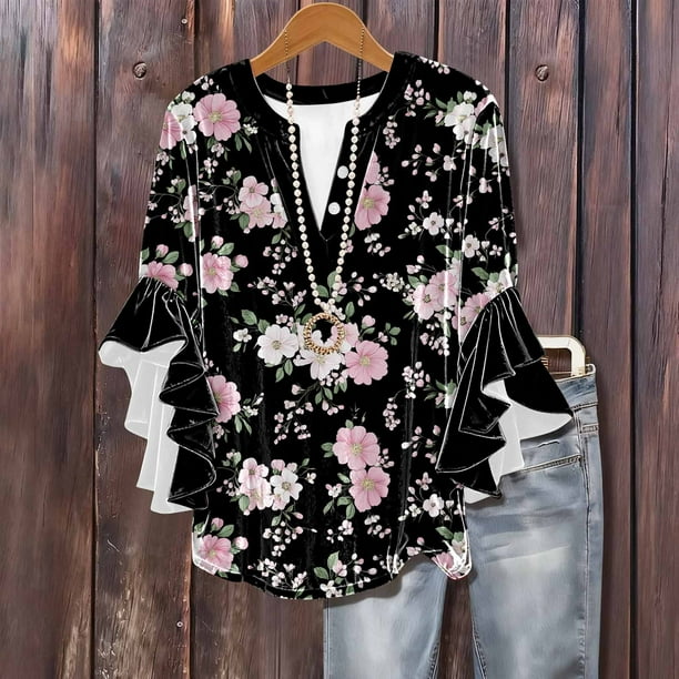 Tejiojio Women's Casual Printed Top Lace Trim V-Neck 3/4 Sleeves Button Down Fashionable Daily Wear