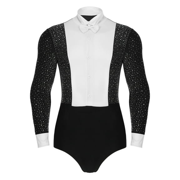 LiiYii Men Latin Dance Leotard Long Sleeves Shiny Rhinestones Color Block Bodysuit with Bowtie Black M