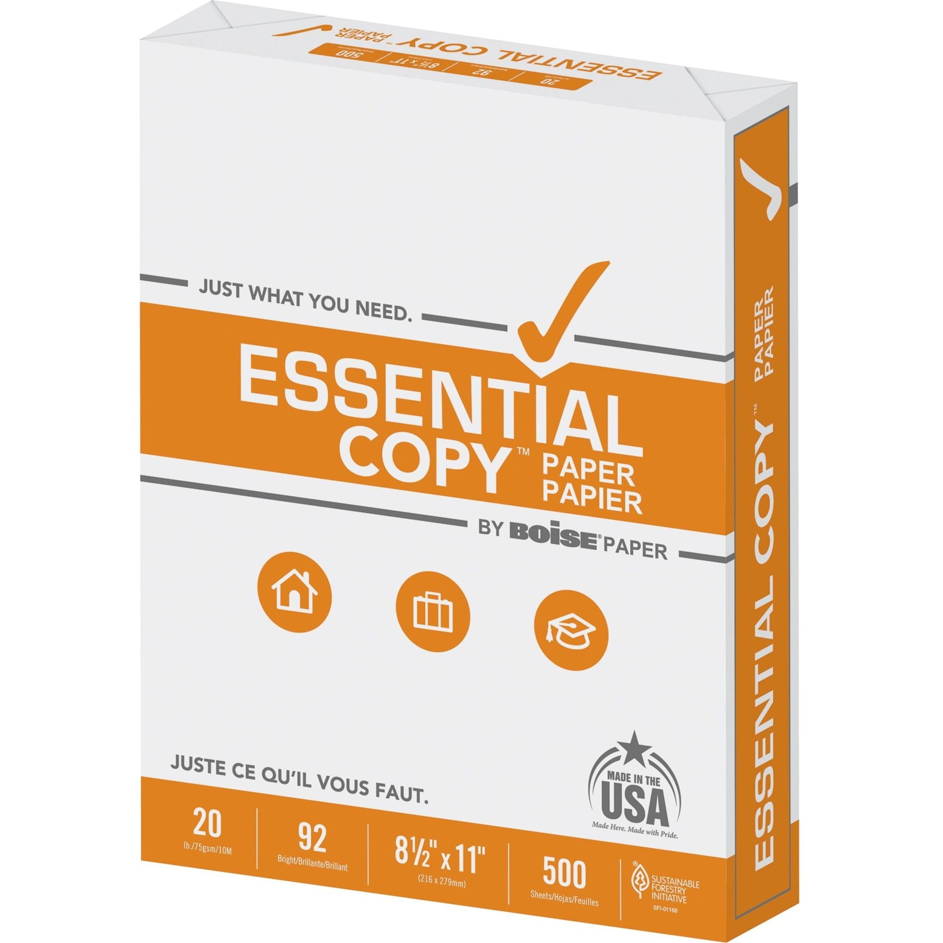 Boise Essential Copy™ Paper, 8.5" x 11" Letter, 92 Bright White, 20 lb. 10 Ream Carton (5,000 Sheets)
