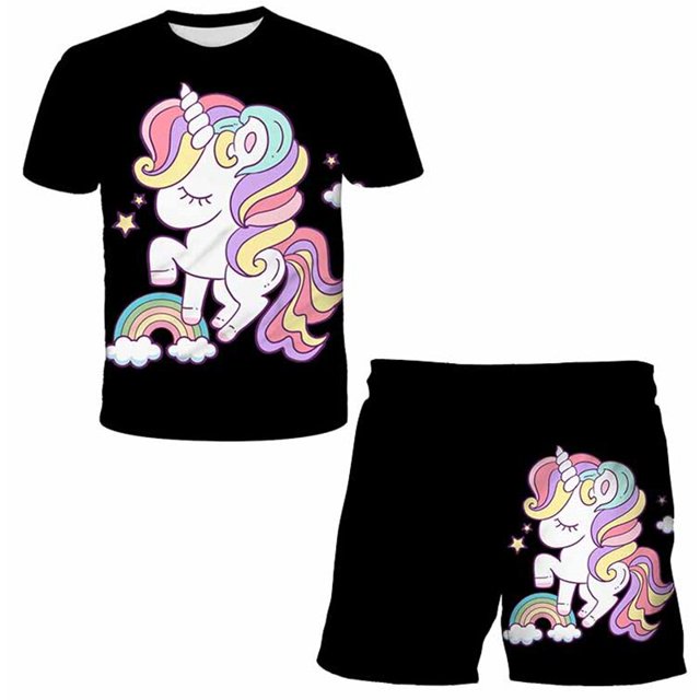 Ropa bonita de unicornio para niños, conjunto de 2 piezas con estampado de unicornio + Pantalones cortos, ropa de pantalón, traje de manga corta para bebés y niños pequeños, Outfit10T Gao Jinjia LED