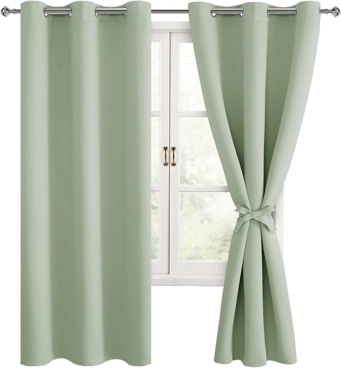 Hiasan Blackout Curtains for Bedroom, 42 x 63 Inches Length - Thermal Insulated & Light Blocking Window Curtains for Living Room/Kids Room, 2 Drape Panels Sewn with Tiebacks, Seafoam Green