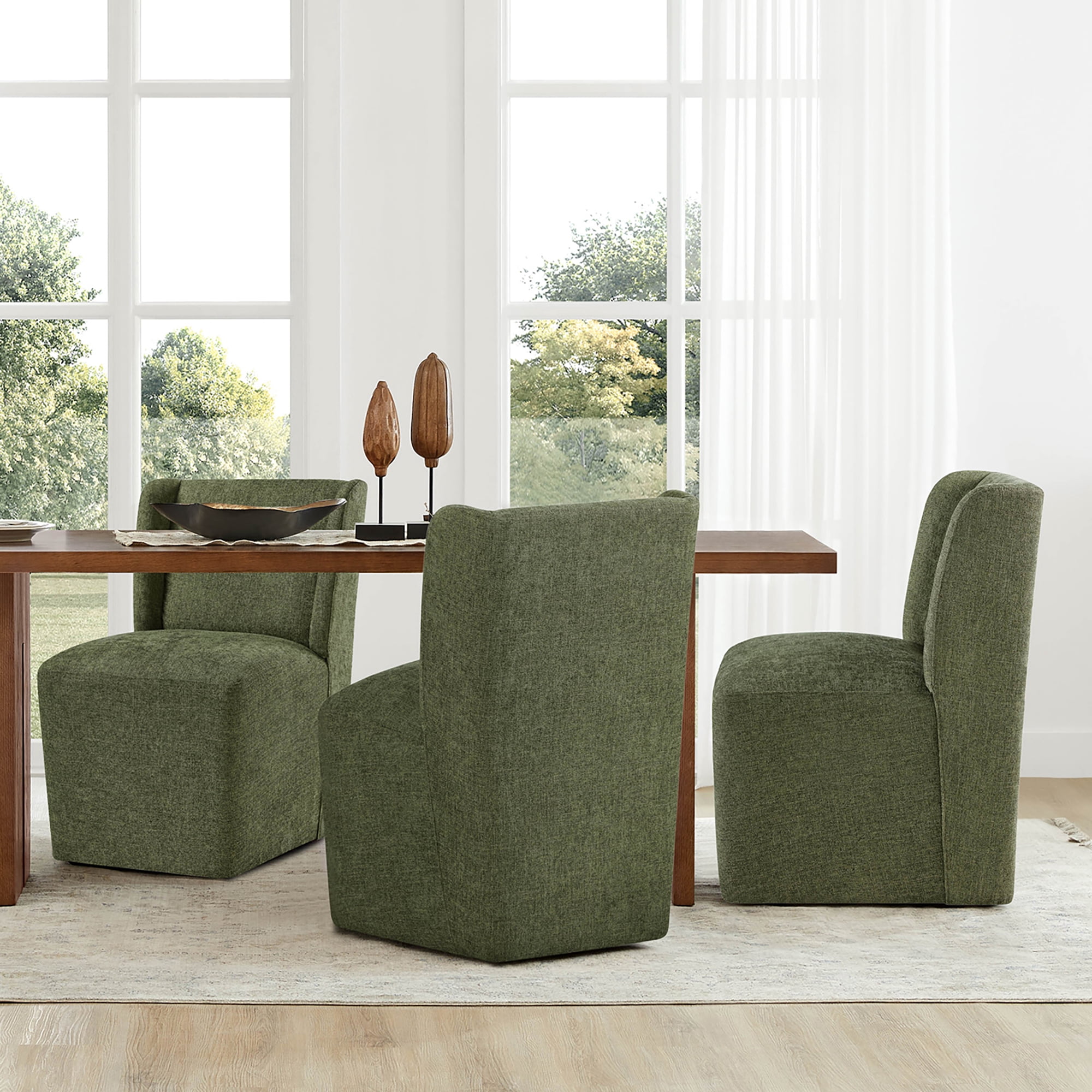 Spruce & Spring Anywhere Upholstered Dining Chair with Hidden Detachable Casters, Stain-Resistant Linen-Look Fabric, Green